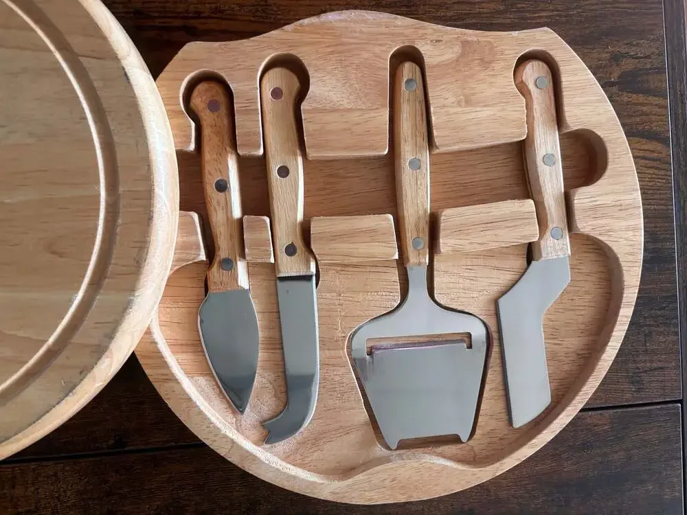 Round Wooden Swivel Cutting Board and Cheese Knife Set